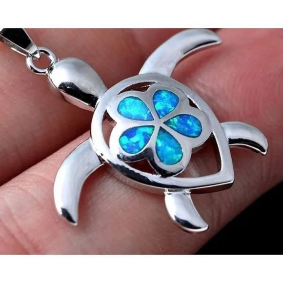 ADORABLE BLUE OPAL FLOWER SHELL SILVER SEA TURTLE NECKLACE - Picture 3 of 8